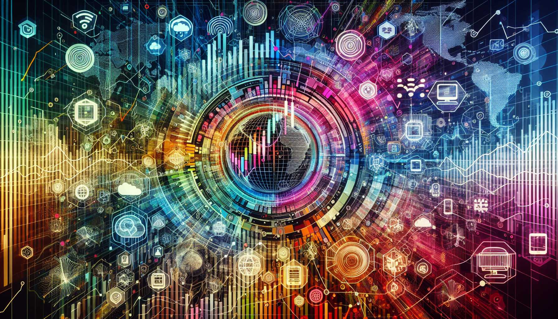 stock market graphs and tech symbols overlay