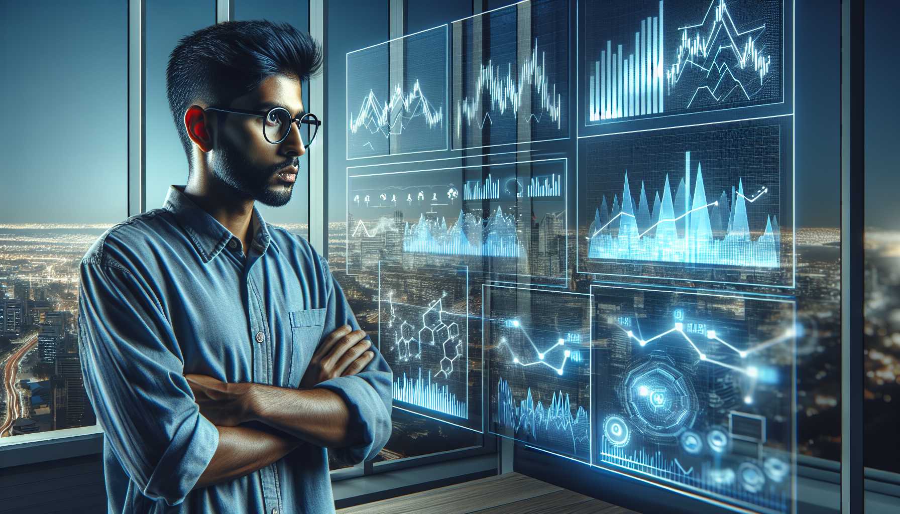 a tech investor analyzing market trends on multiple screens