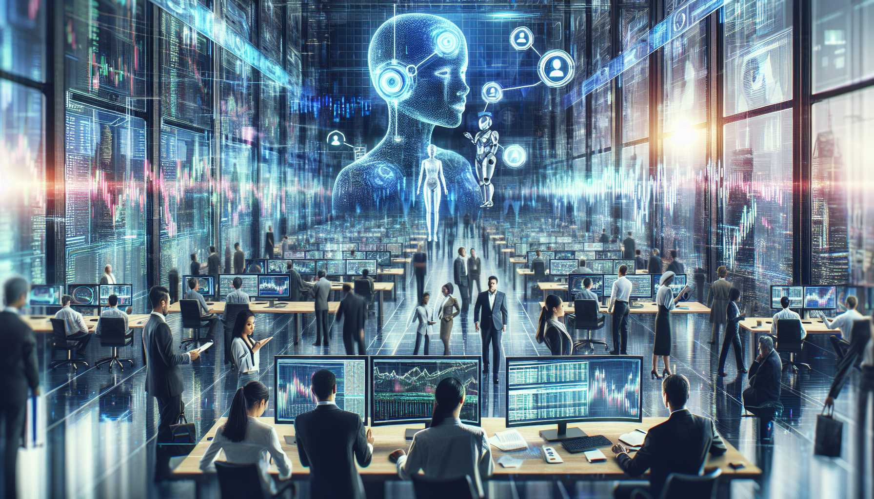 futuristic view of a financial market with a mix of human and AI presence