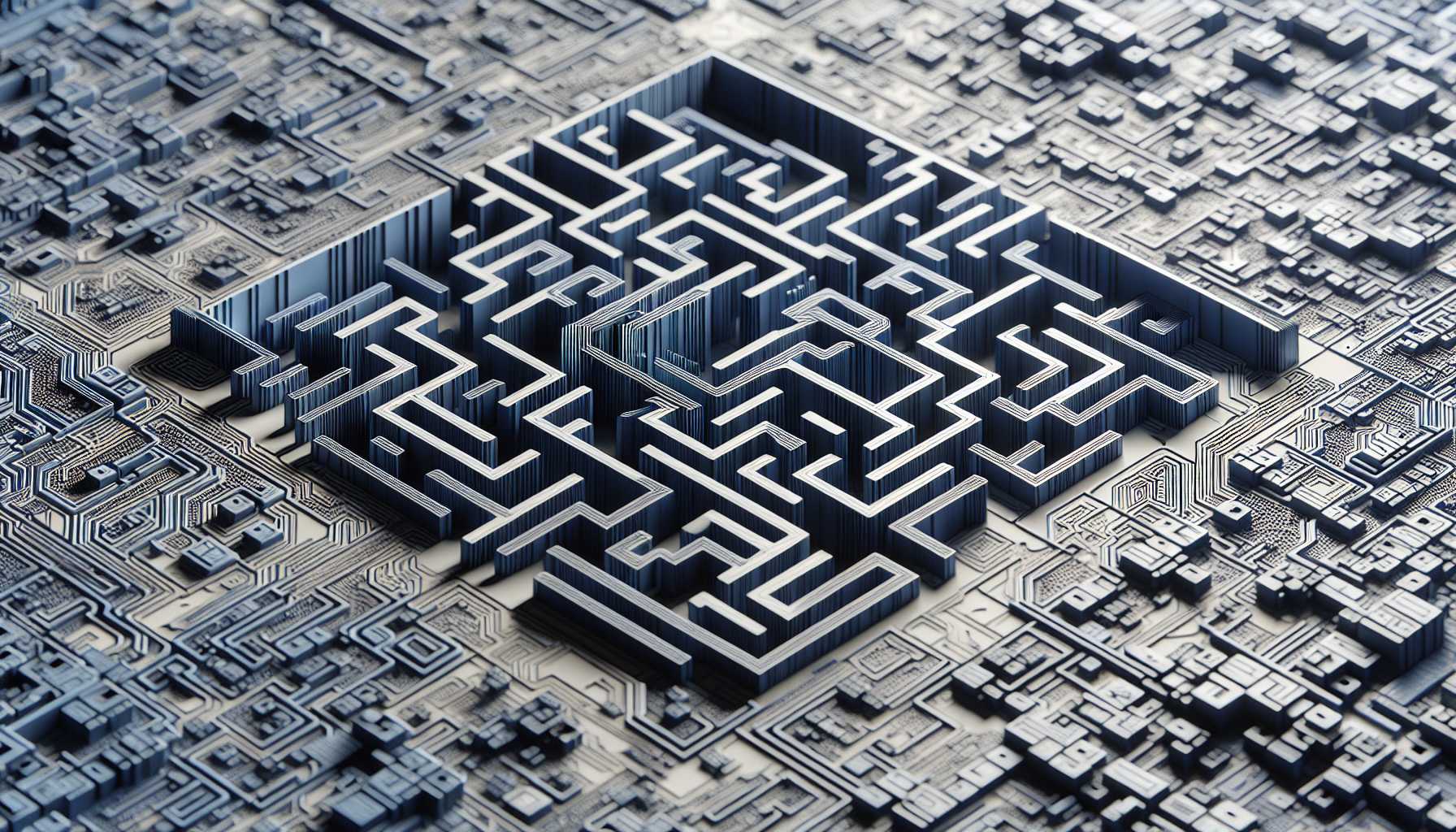 an intricate maze overlaid on a circuit board, representing the complexity of integrating new technology into legacy systems, in shades of grey and blue