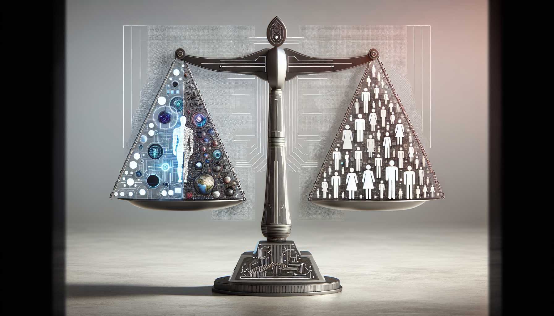 a digital balance scale with AI and human figures, depicting the balance between ethics and technology, with a neutral color background