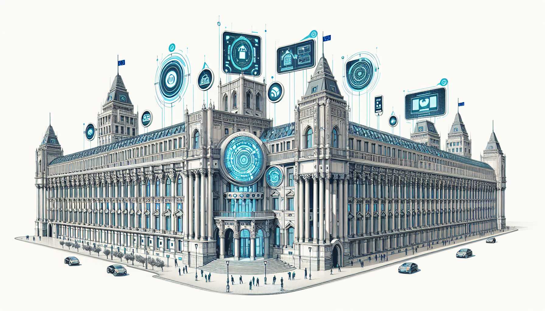 illustration of EU Parliament with futuristic AI gadgets