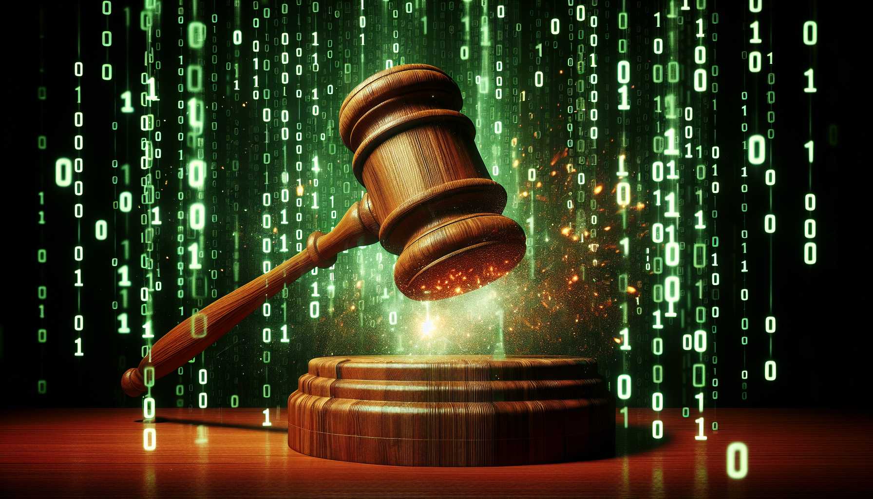 a gavel striking down on a background of digital binary code