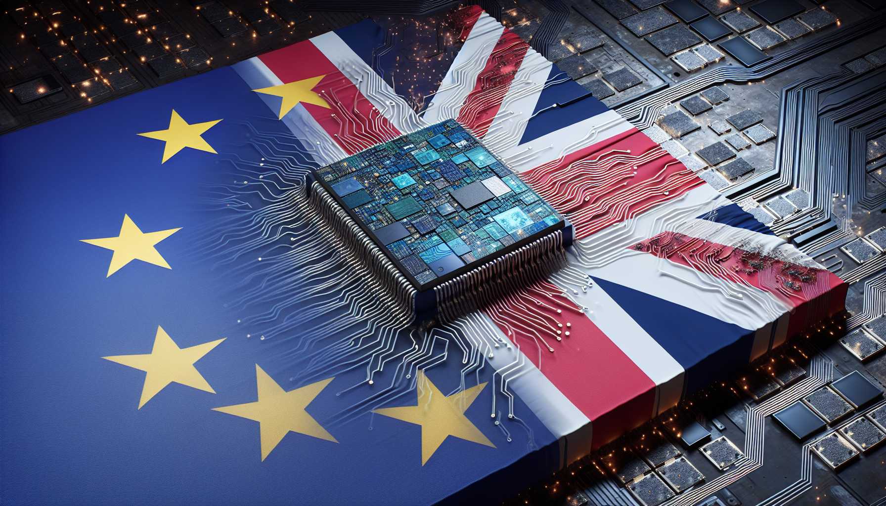 UK and EU flags merging into a semiconductor chip