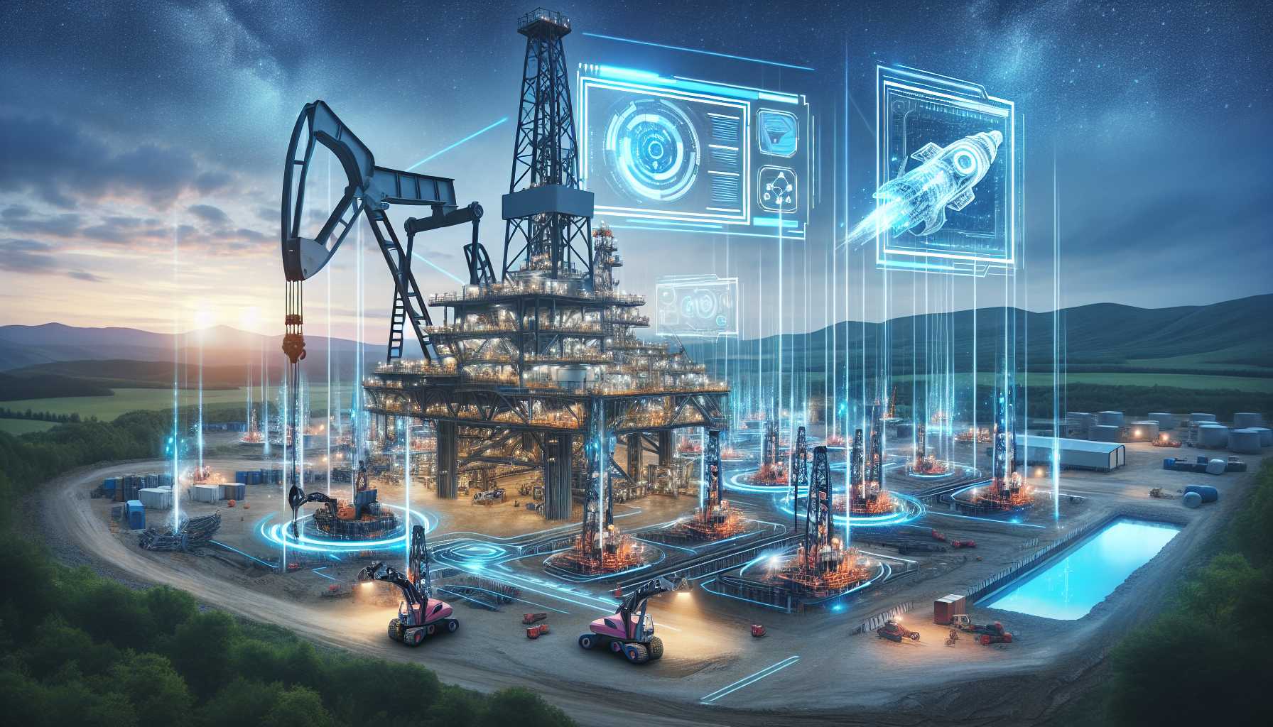 Illustration of oil drilling with futuristic technology overlay