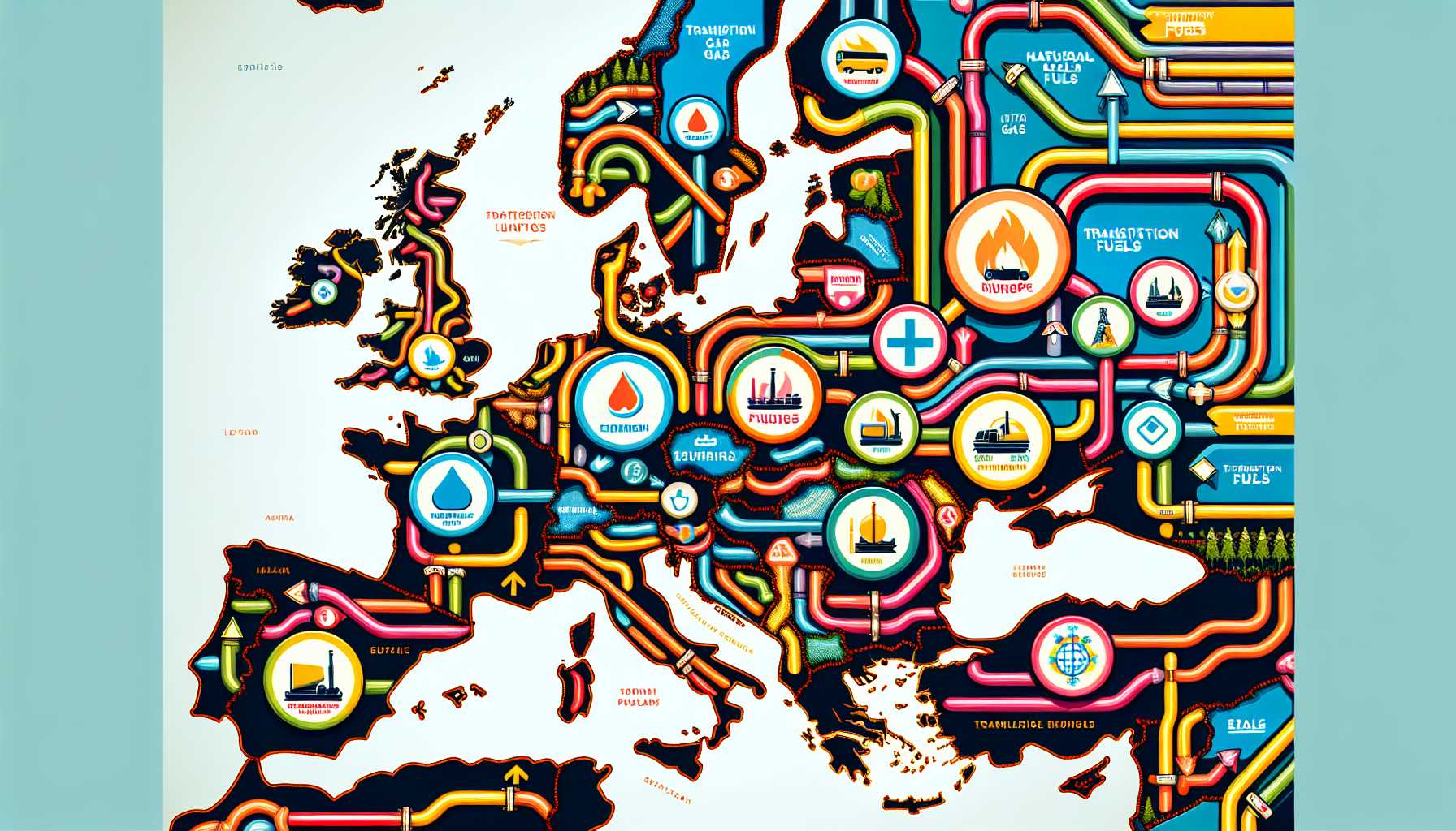 Europe map interconnected by natural gas pipelines and transition fuels symbols