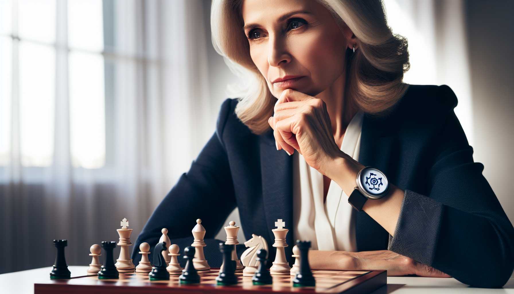 Cathie Wood contemplating a chessboard with tech company logos