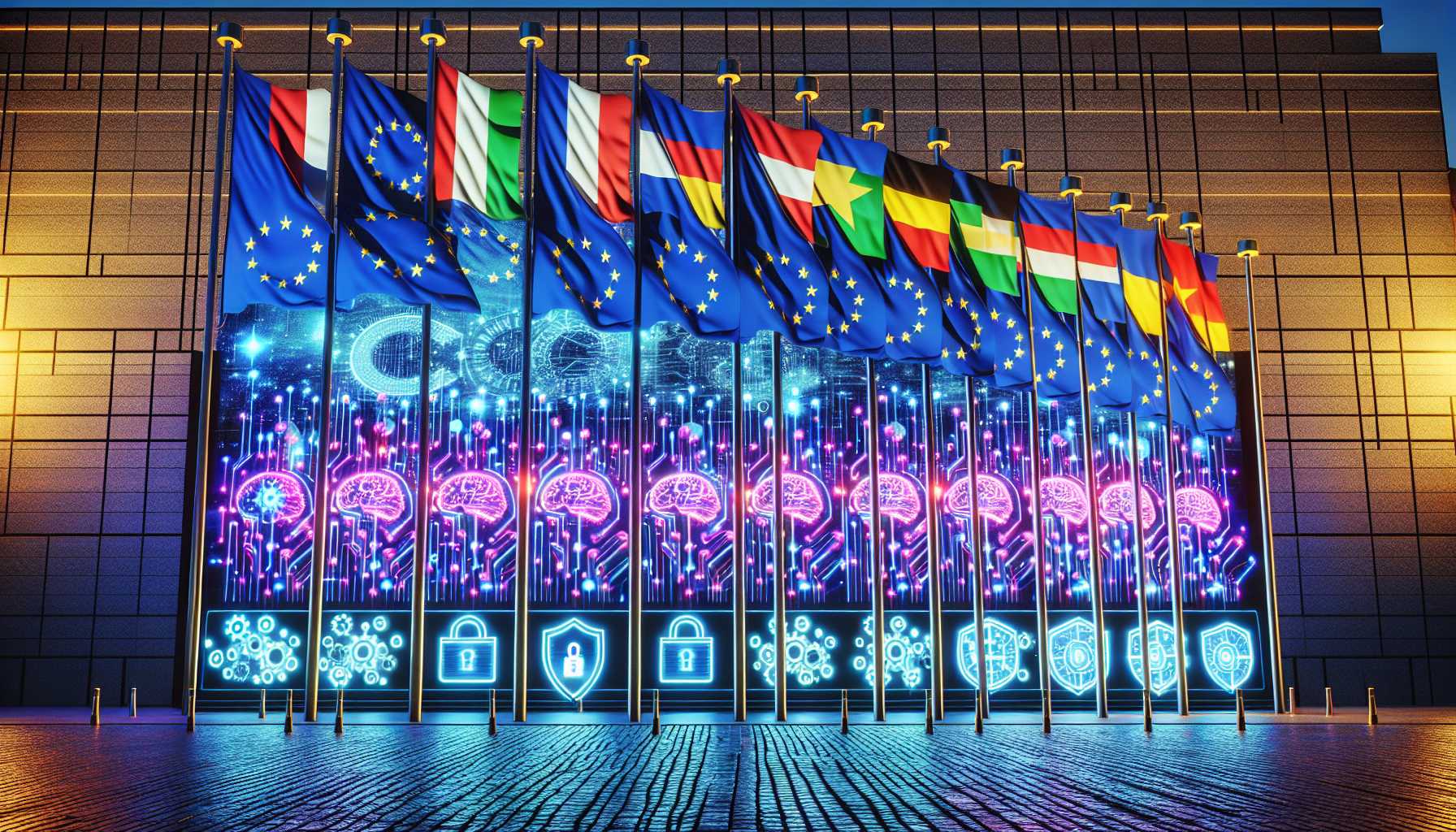 European Union flags waving in front of a digital screen displaying various AI icons and cybersecurity symbols