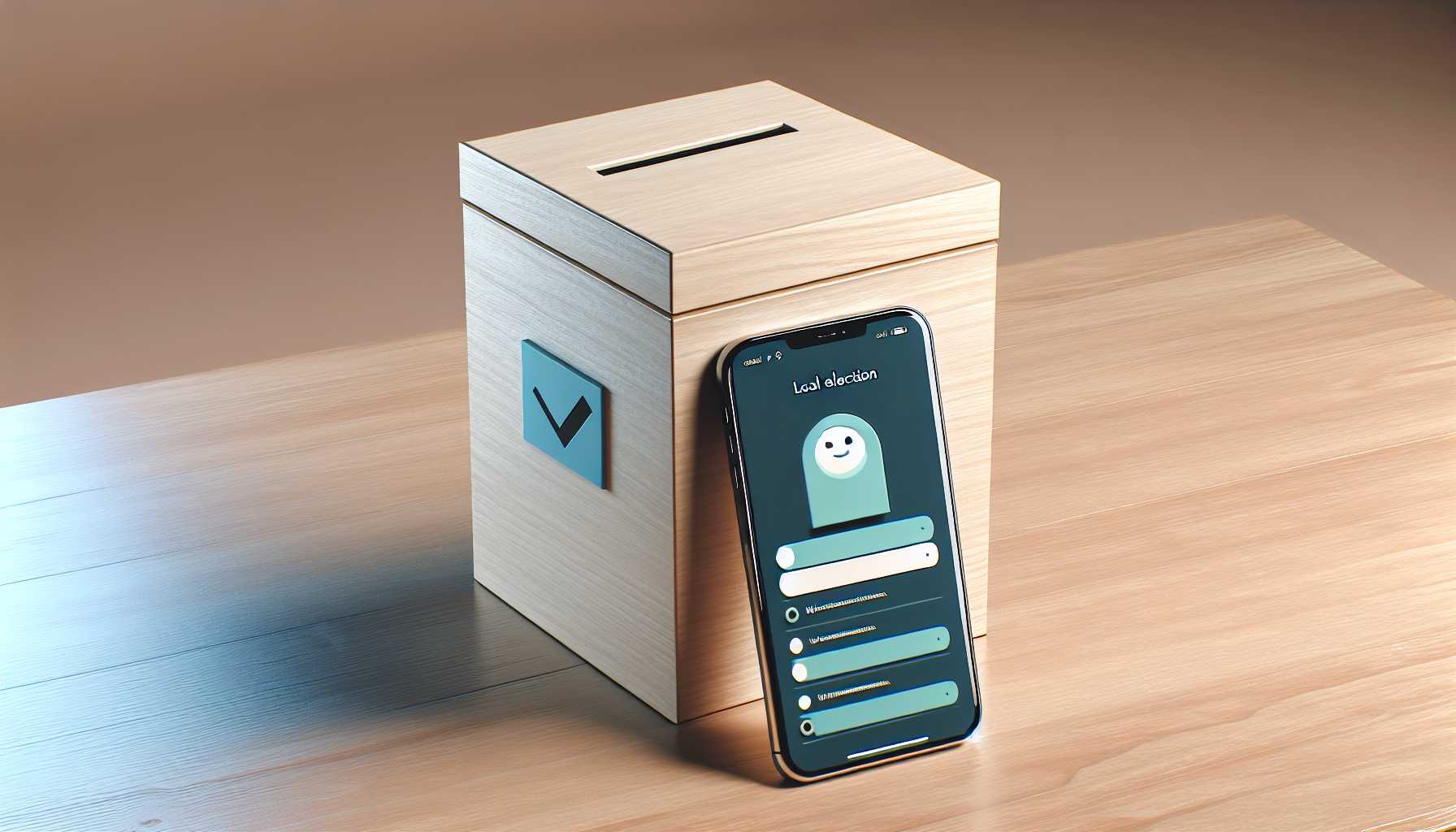 A ballot box juxtaposed with a chatbot interface on a smartphone displaying election information