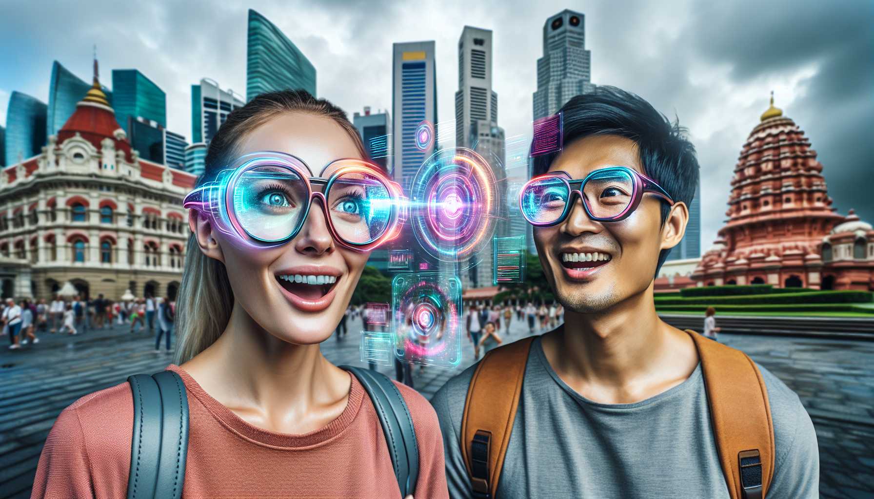 Tourist wearing AI-powered smart glasses viewing famous landmarks with pop-up information bubbles