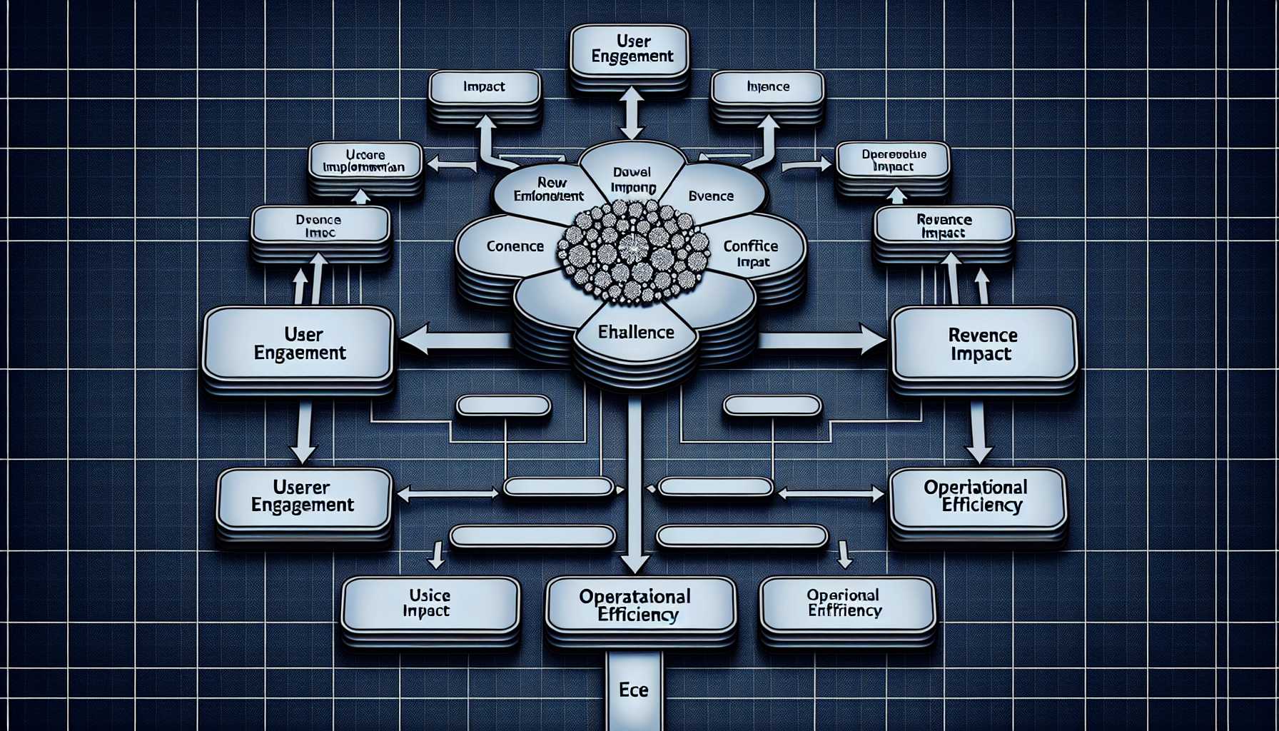 an organizational chart showing the impact, confidence, and ease (ICE) of new software features with branches for user engagement, revenue impact, and operational efficiency