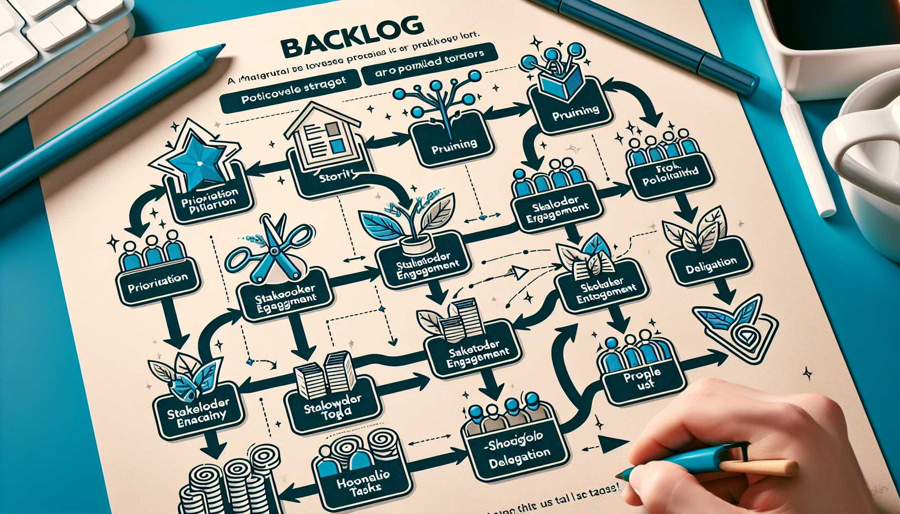 a flowchart of backlog management with prioritization, pruning, stakeholder engagement, and delegation highlighted as key strategies