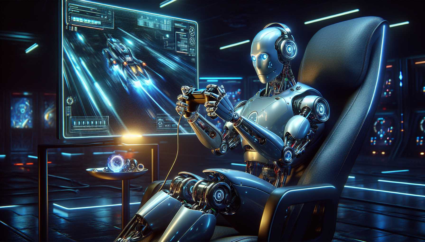 an artistic concept of a humanoid robot companion playing video games