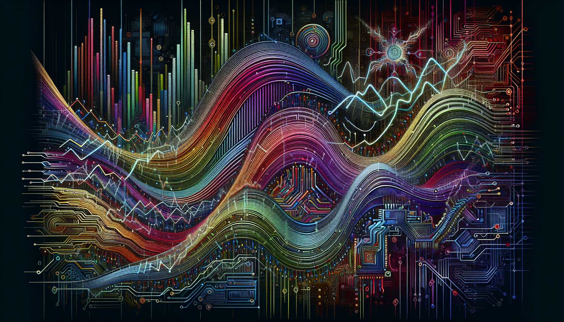 Graph showing stock prices fluctuating with AI symbols and chips