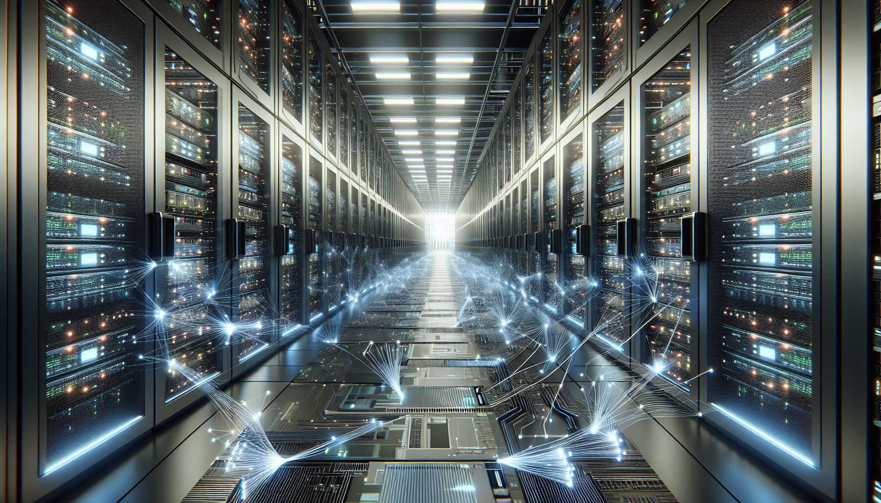 futuristic AI data center with interconnected nodes and servers