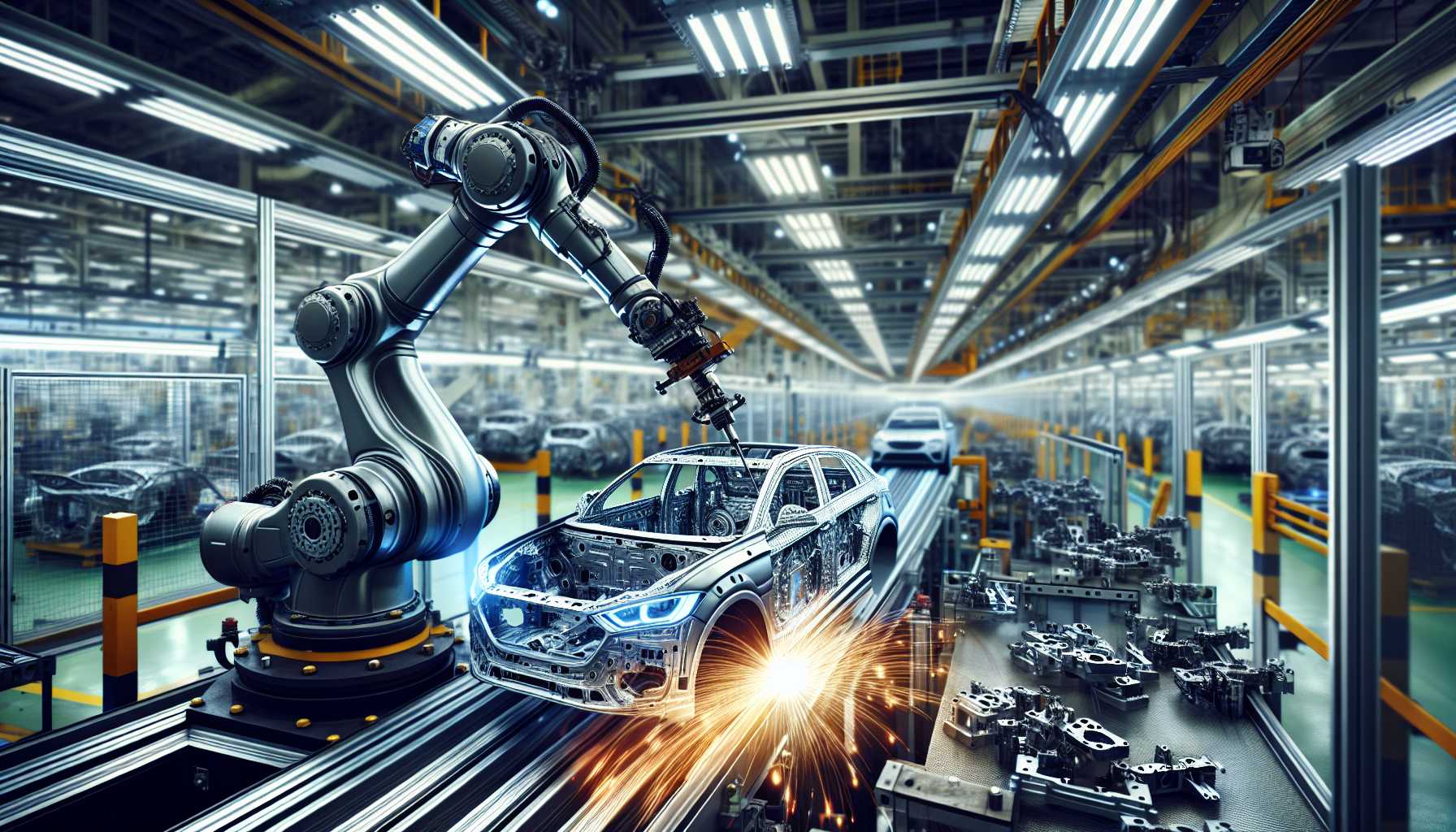 modern robotics arm working in a car manufacturing plant