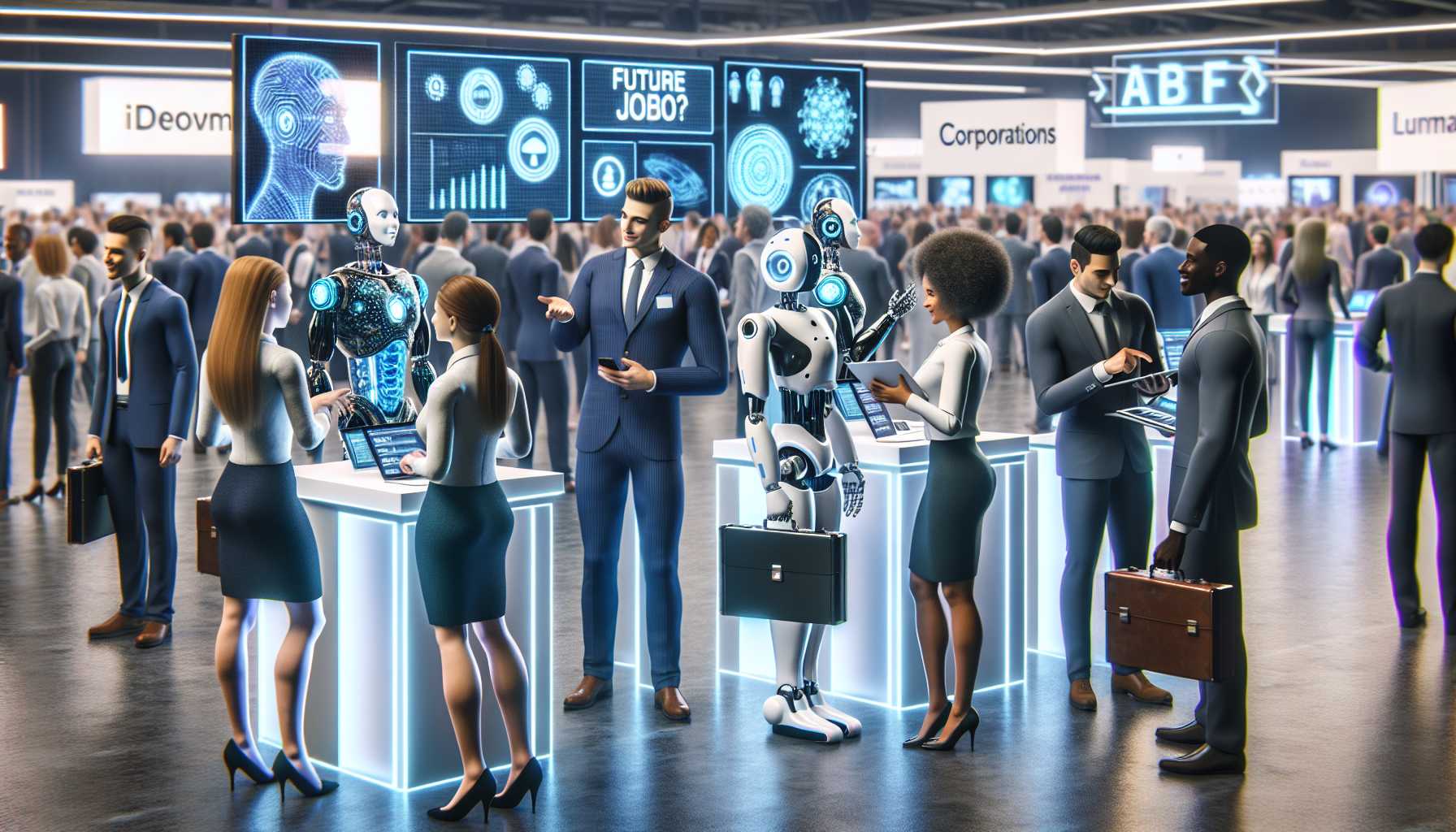 a futuristic employment fair featuring robots and AI technology