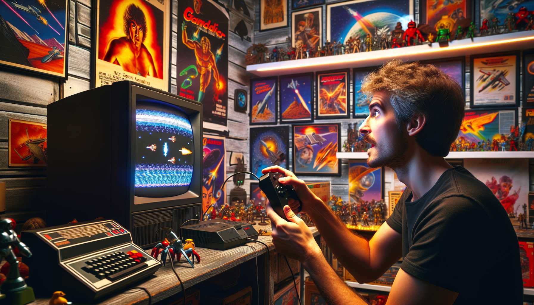 nostalgic gamer surrounded by classic Star Wars memorabilia and playing vintage video games