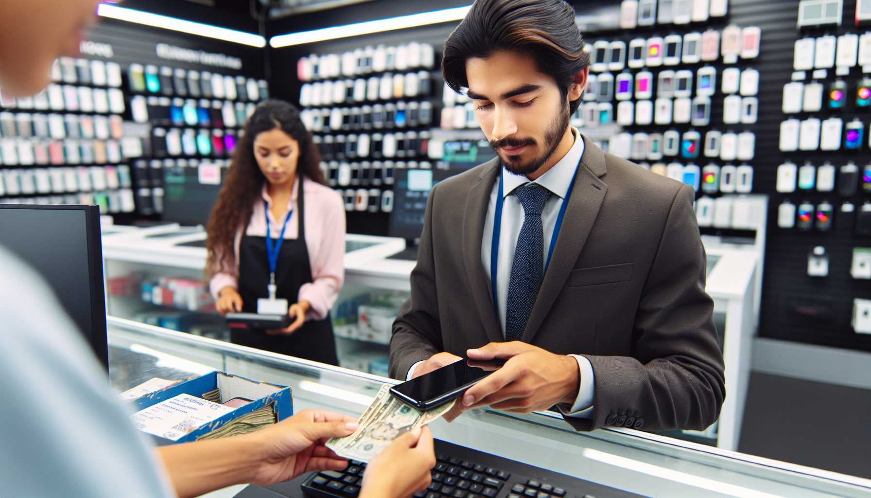 a person exchanging an old smartphone for cash