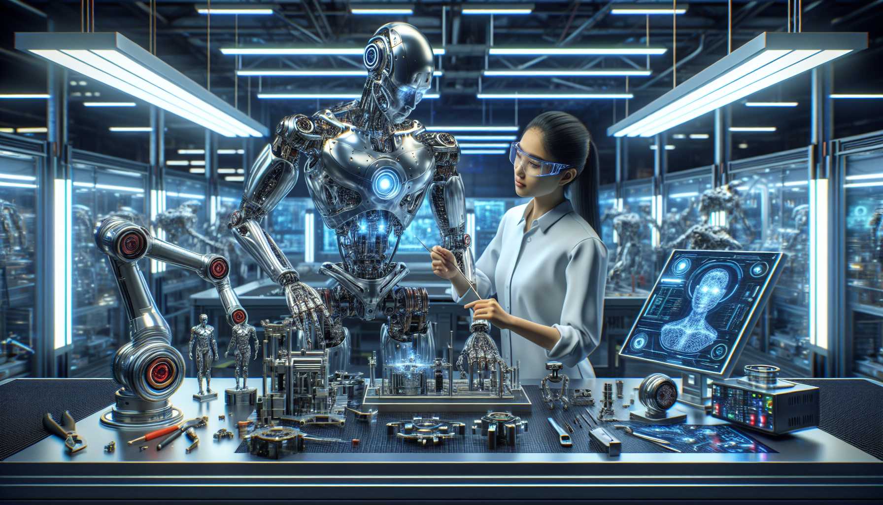 a humanoid robot working alongside a human in a futuristic workshop