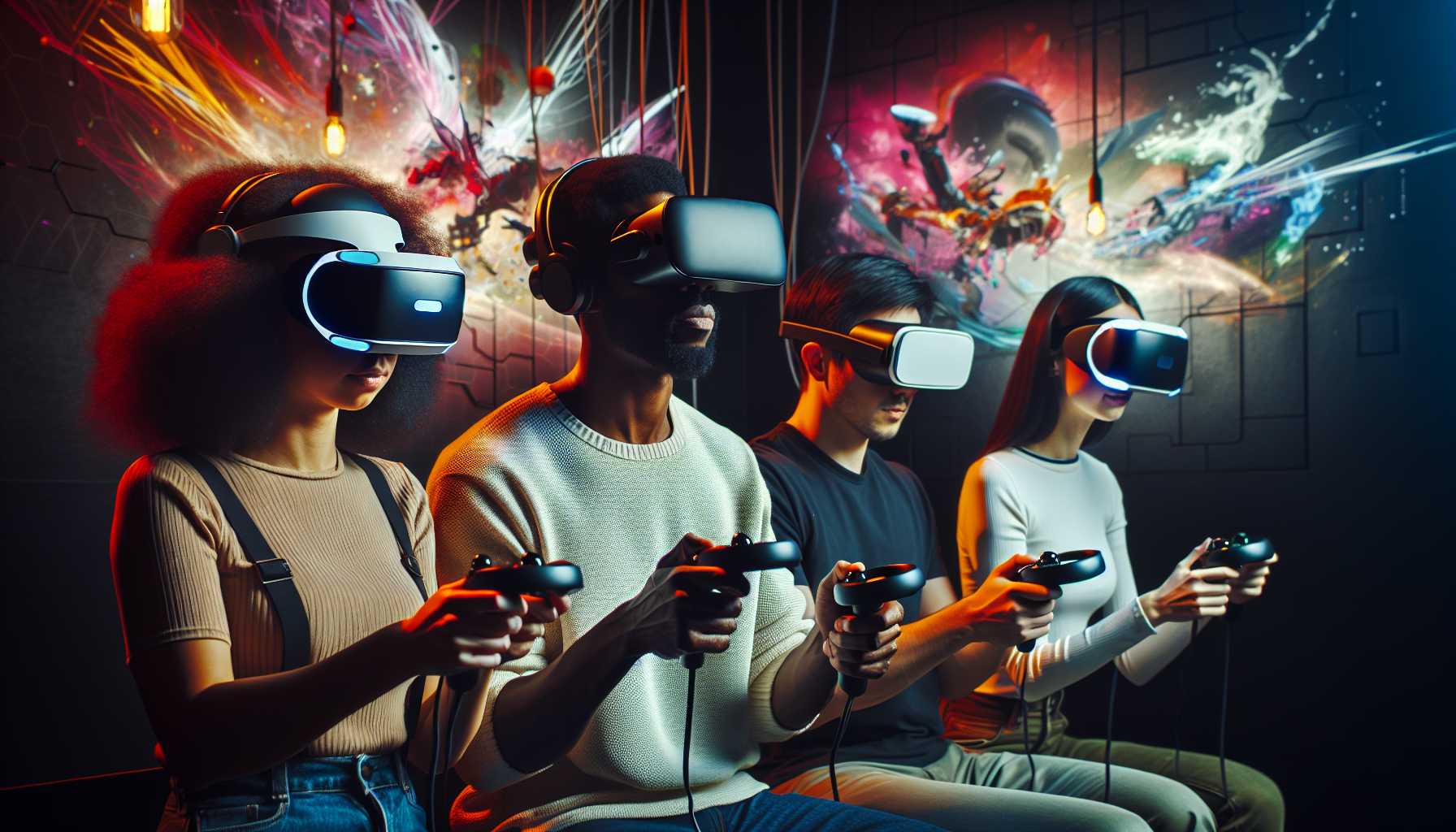 gamers wearing VR headsets immersed in a virtual reality game