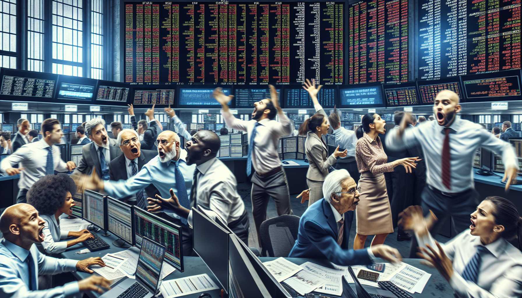 stock market trading floor during a hectic day