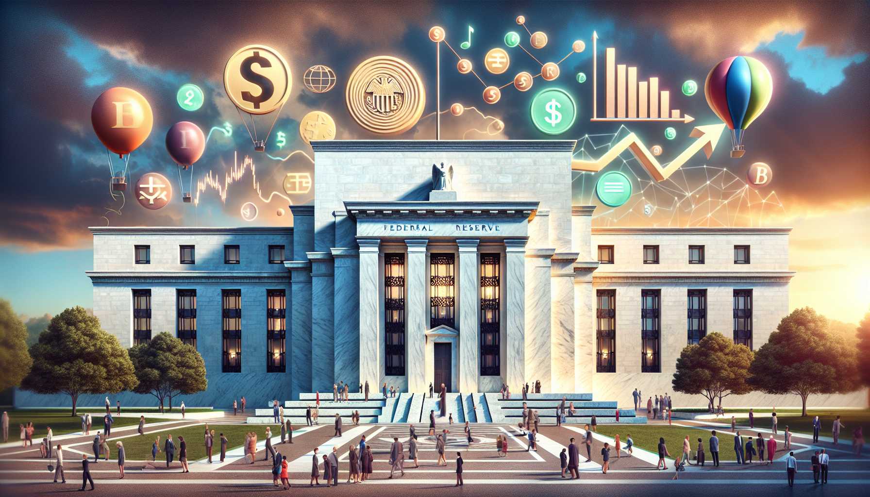 Federal Reserve building with inflation and economy symbols