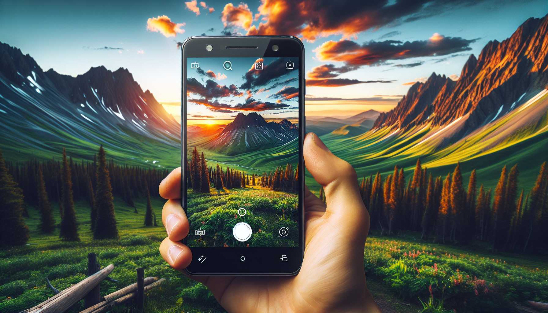 a smartphone with a high-resolution camera taking a photo of a mountain landscape in Khakassia