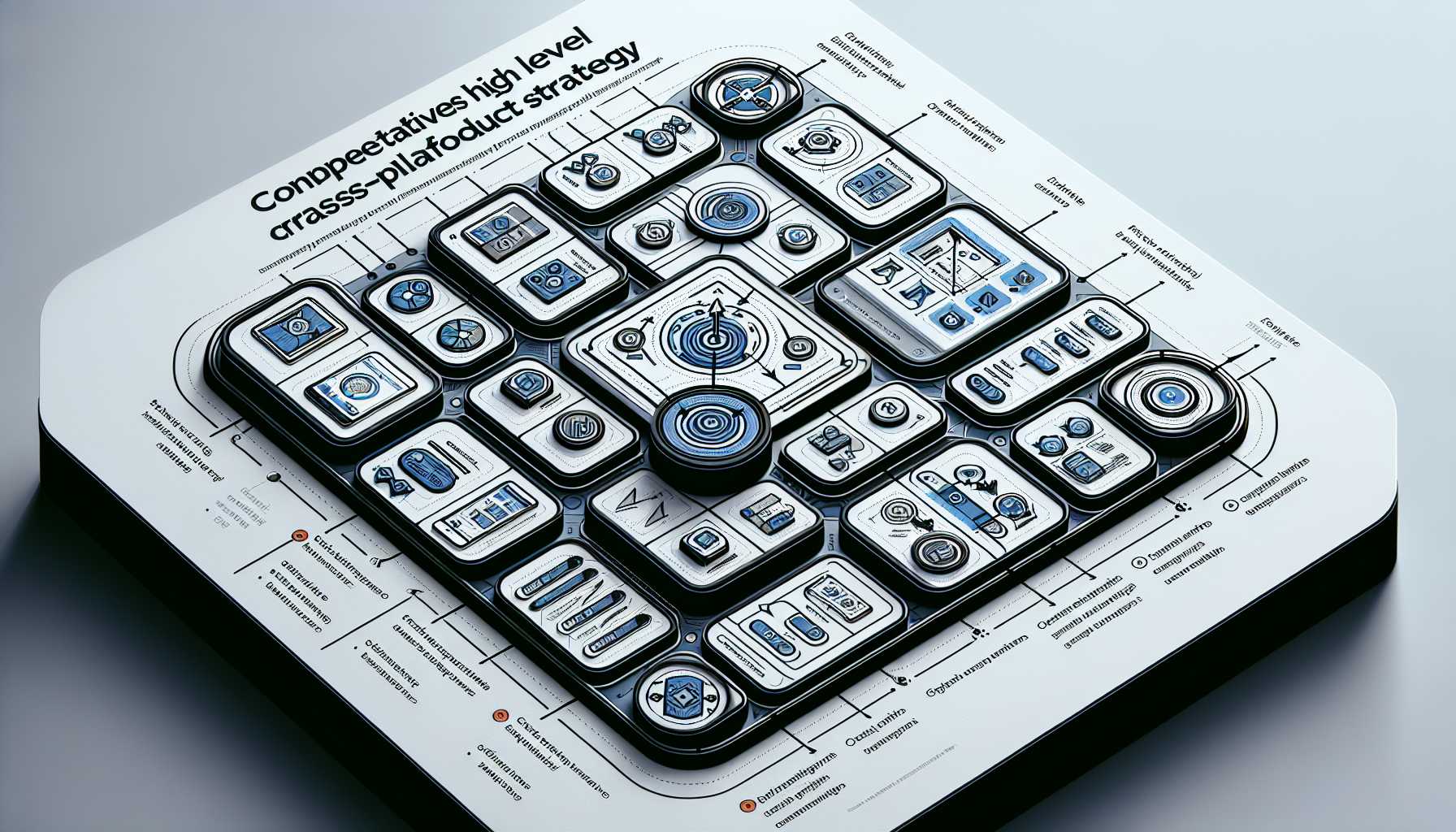 a high-level diagram of a cross-platform product strategy showing core features and platform-specific enhancements