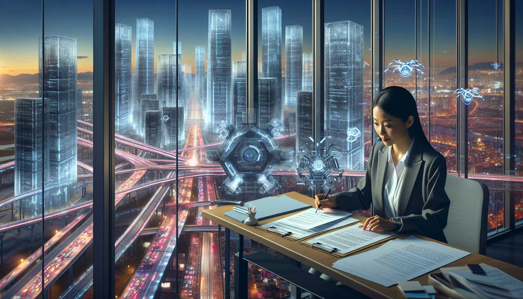 A government official reviewing AI policy documents with a futuristic city backdrop