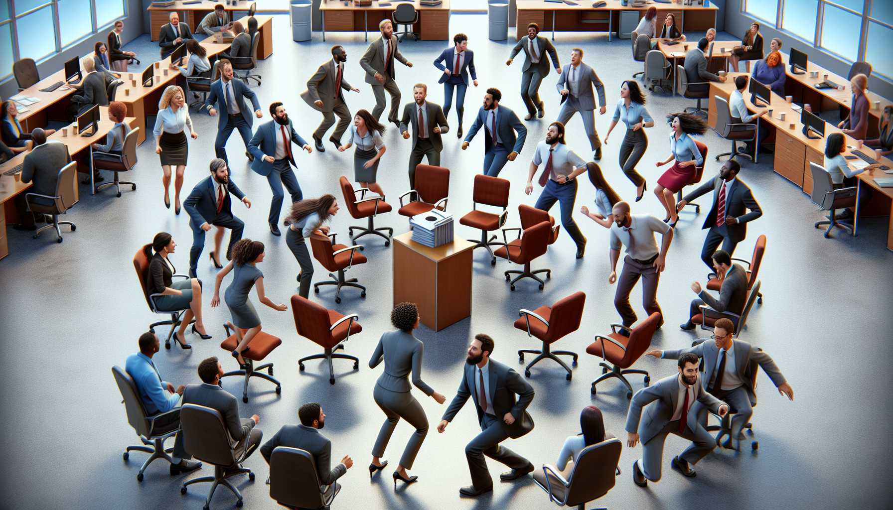 a monumental game of musical chairs in an office setting