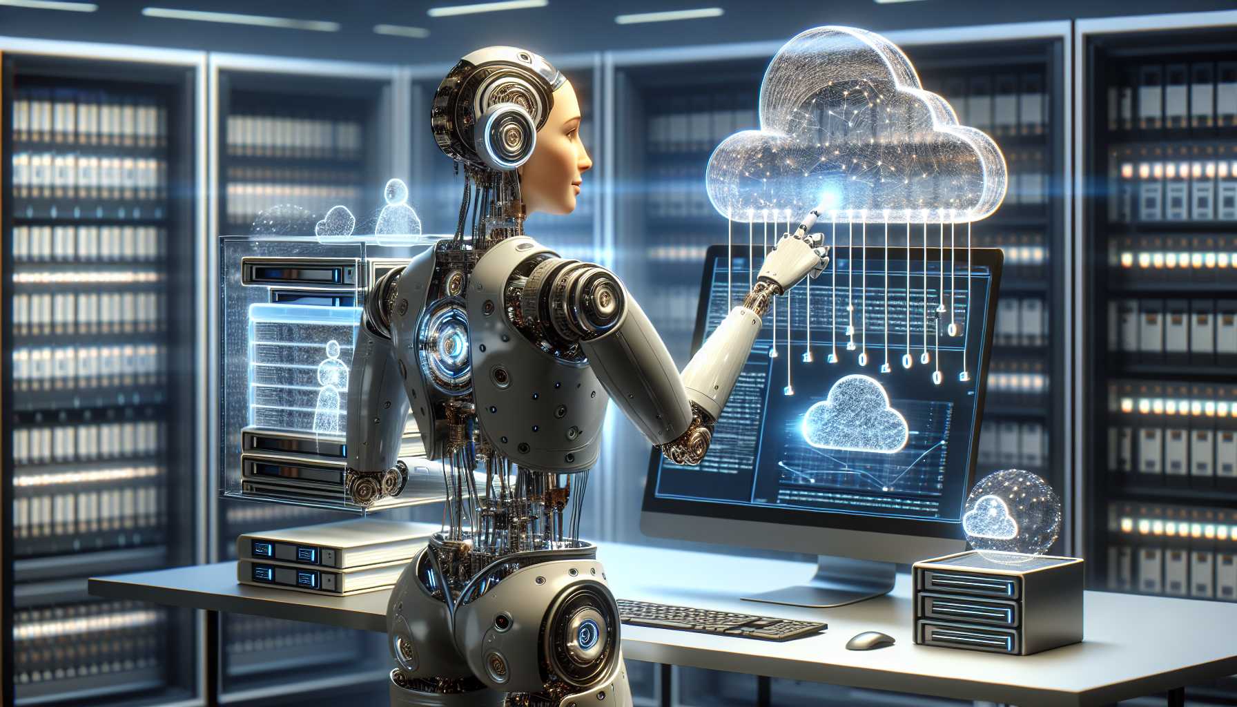 artificial intelligence robot filing digital documents into cloud storage