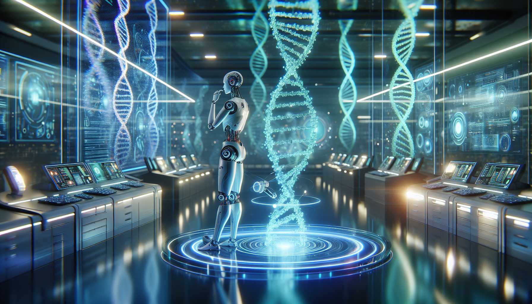 a humanoid AI robot contemplating DNA helix structures in a futuristic lab