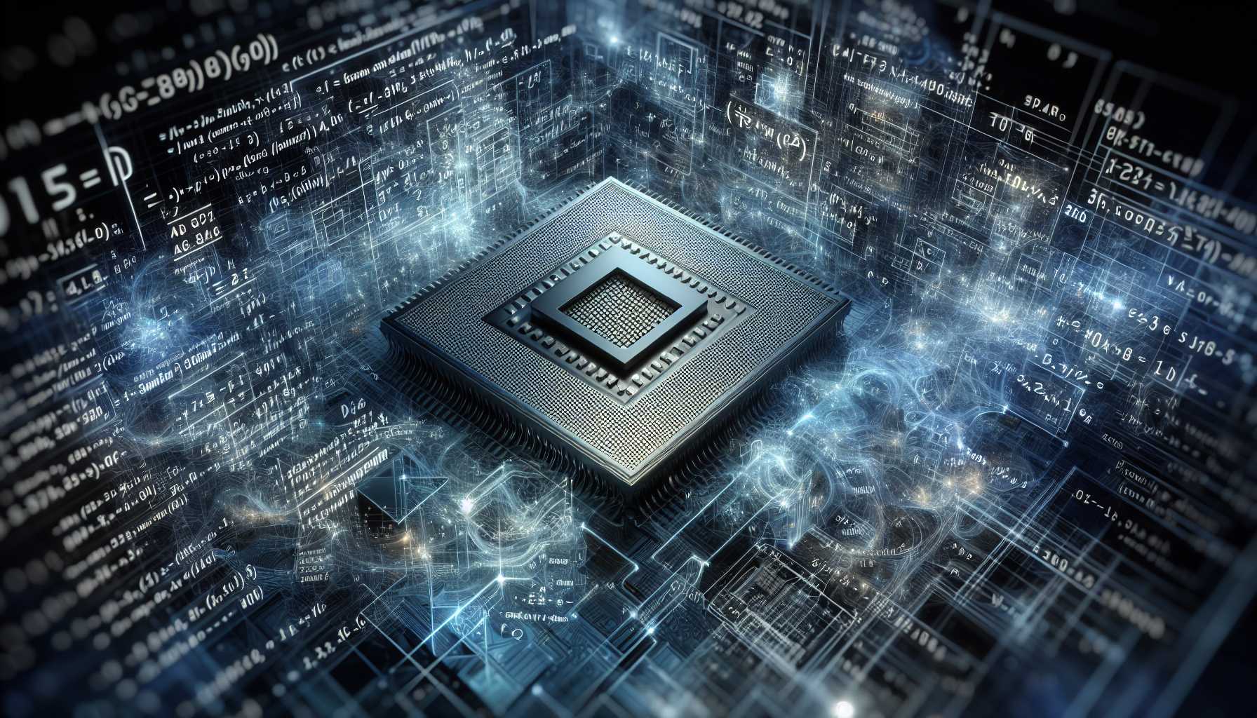 TSMC semiconductor chip against a backdrop of AI calculations and silicon wafer patterns