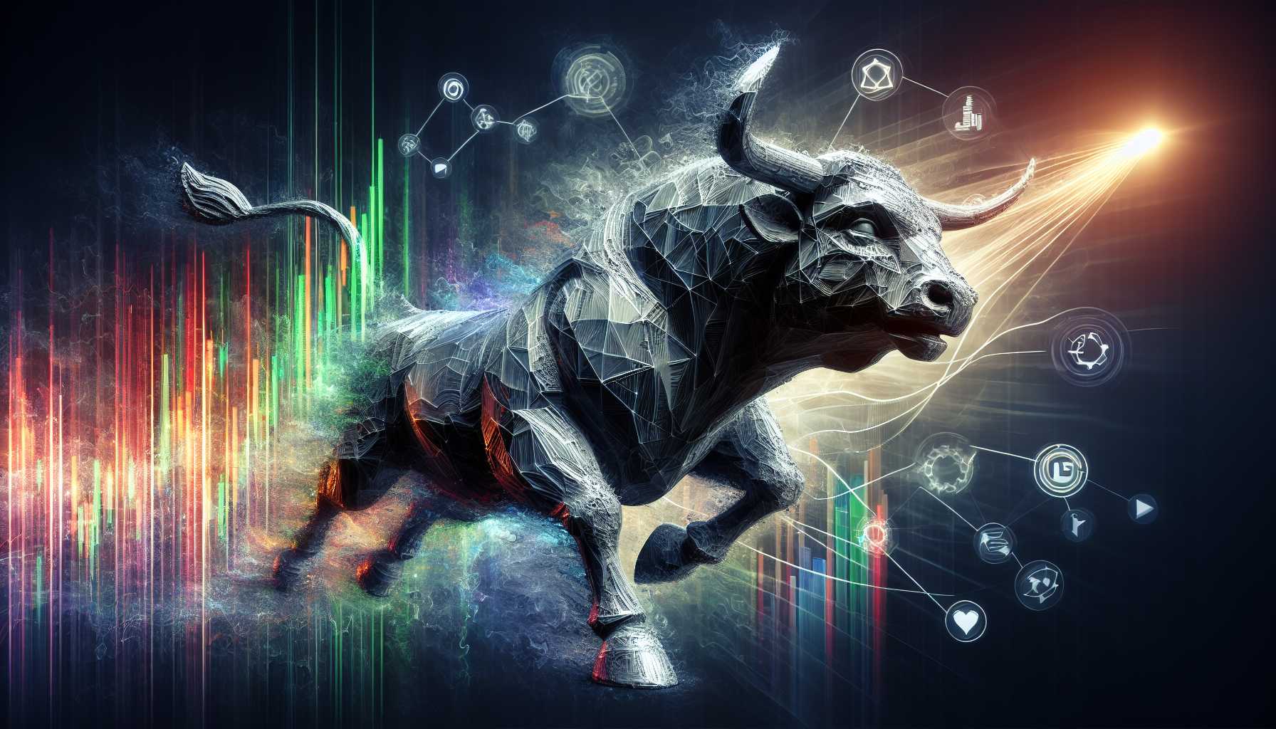 A charging bull sculpture interwoven with digital growth charts and tech company logos