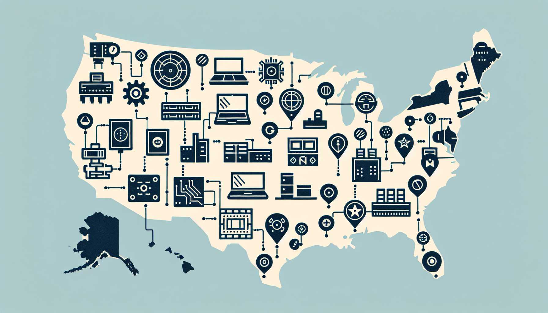 A map of the U.S. with Samsung, Intel, and TSMC facilities marked, connected by technological circuit lines