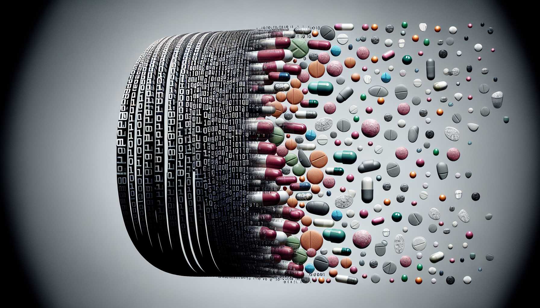 binary code morphing into pharmaceutical pills