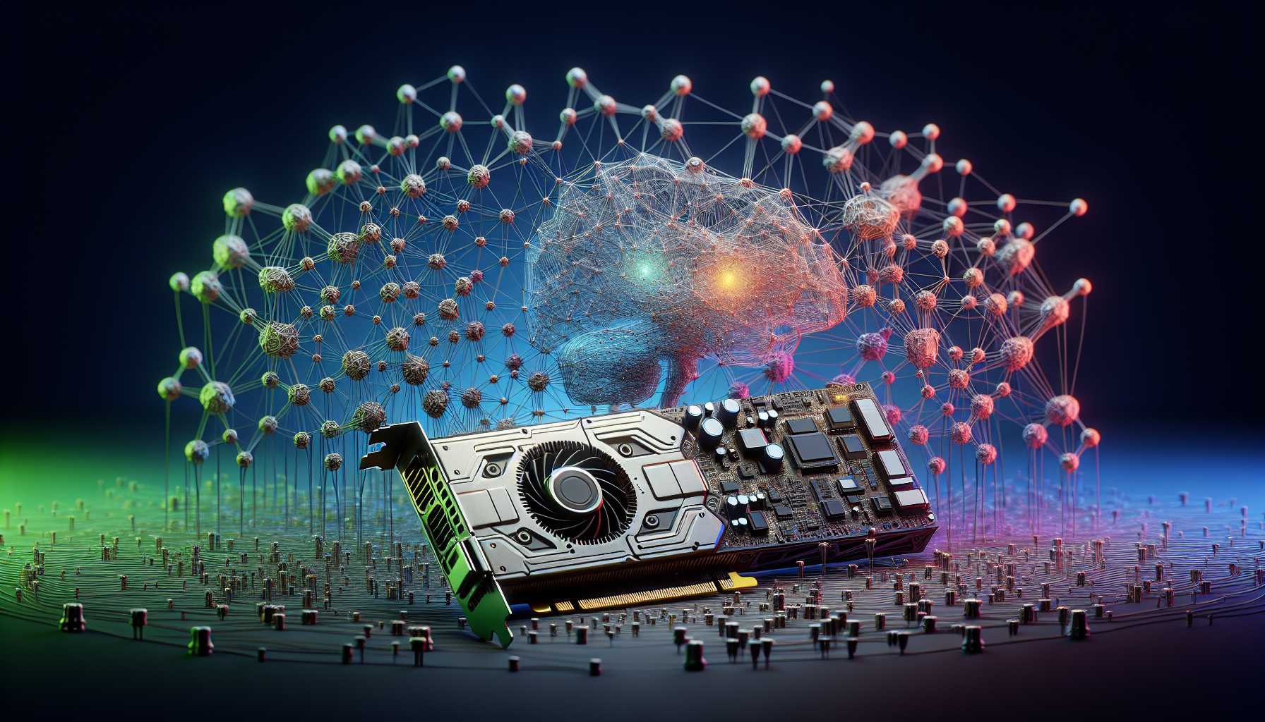 Nvidia graphics card surrounded by digital AI neural networks