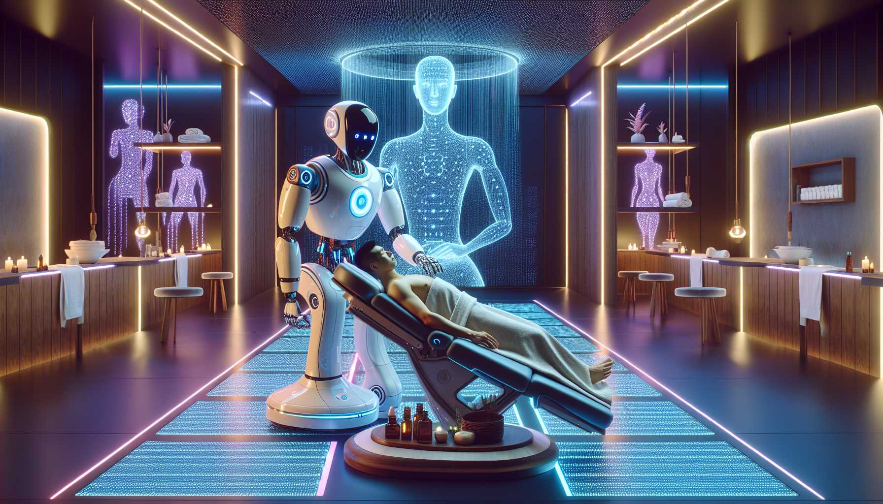 AI massage robot working on a human in a futuristic spa setting