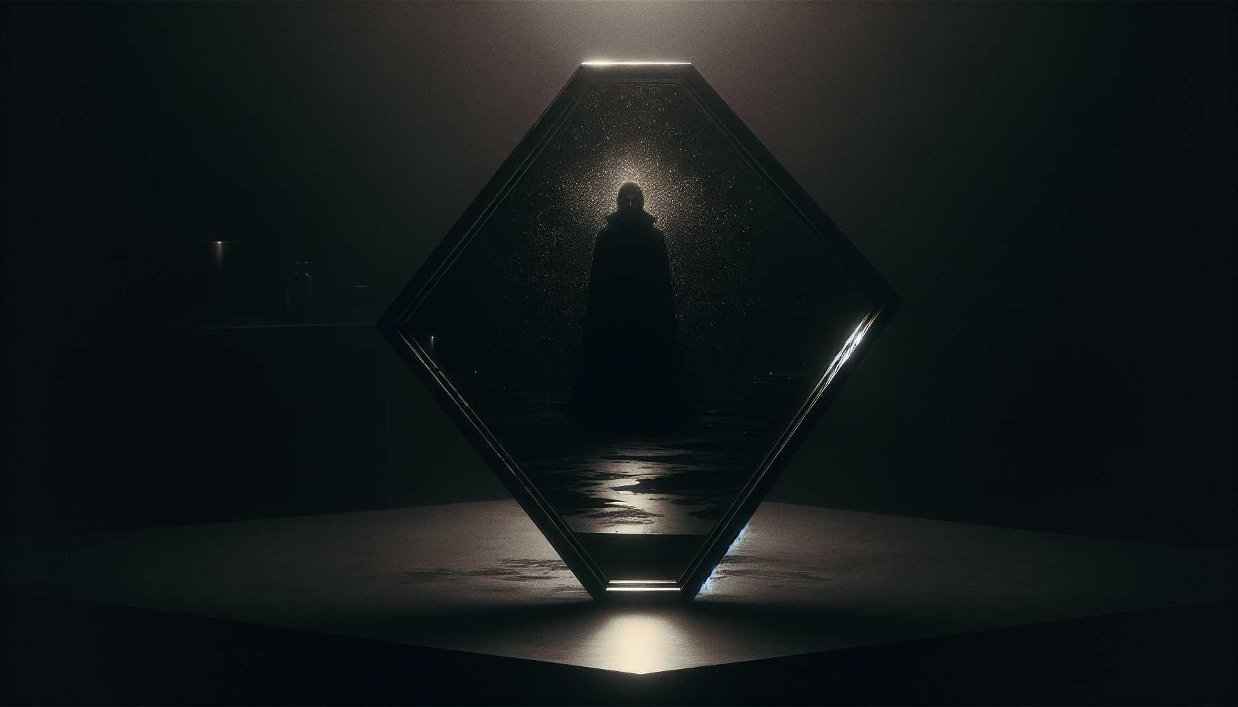 a dark, reflective mirror symbolizing the show Black Mirror