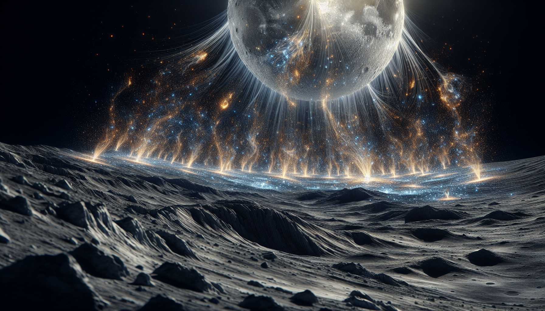 the moon's surface bombarded with solar wind particles