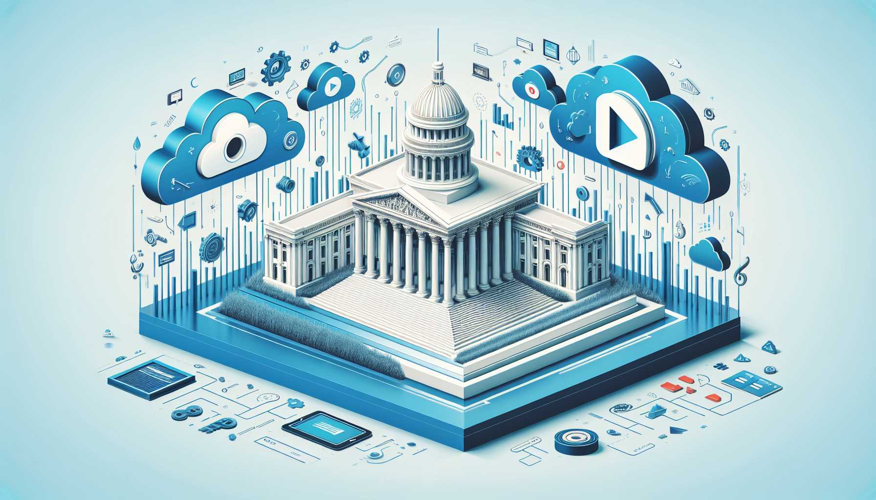 digital illustration of Capitol Hill with cloud tech symbols and TikTok logo