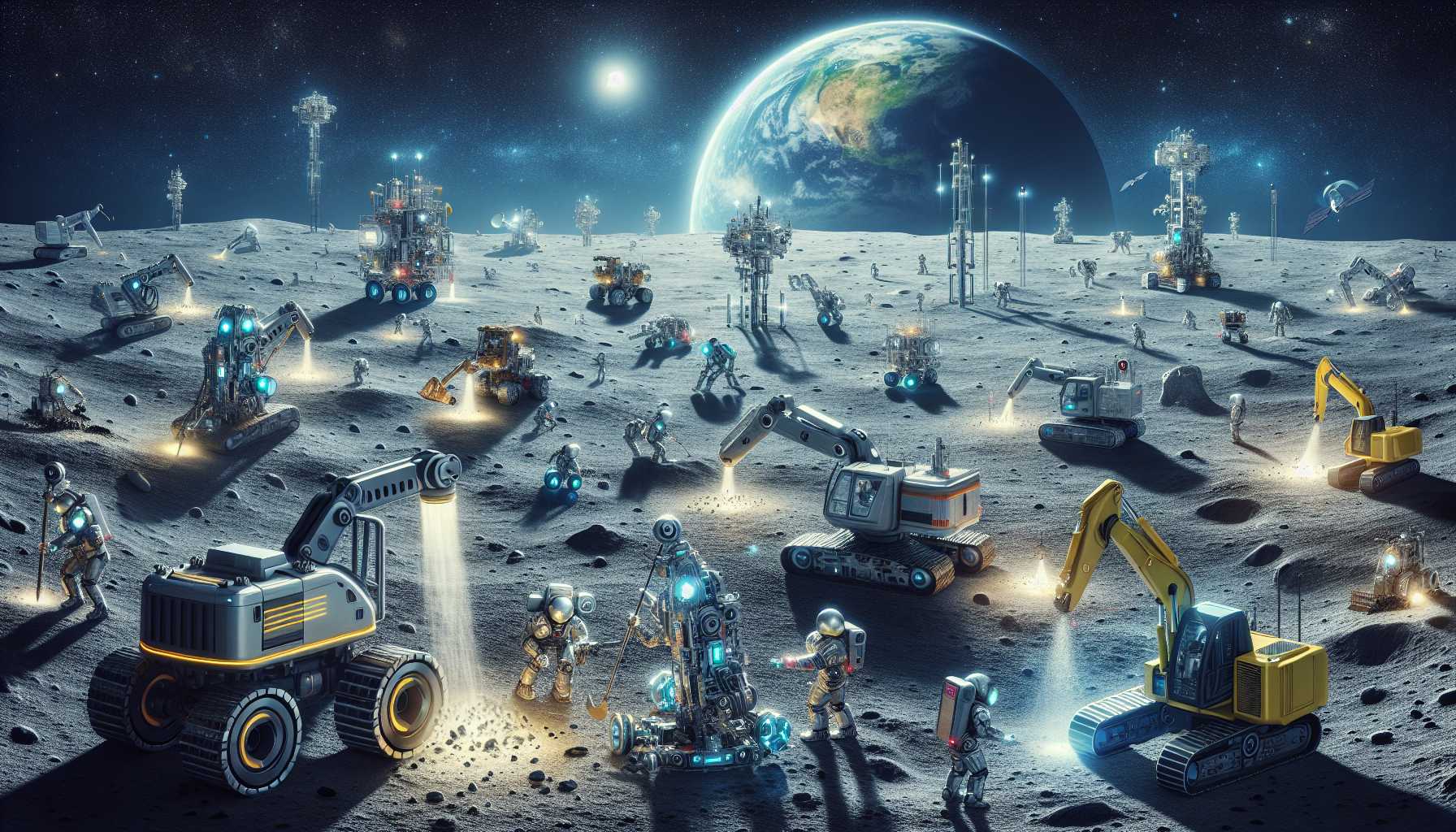 sci-fi scene of robots mining on the Moon surface