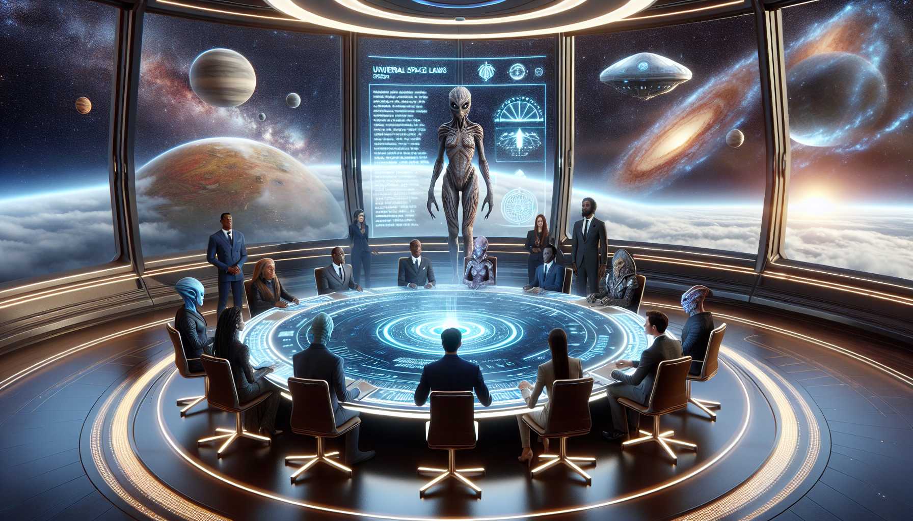 futuristic space regulation conference with humans and aliens assigning laws