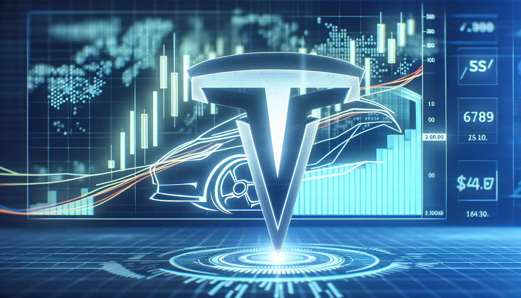 the Tesla logo with fluctuating stock market graphs in the background