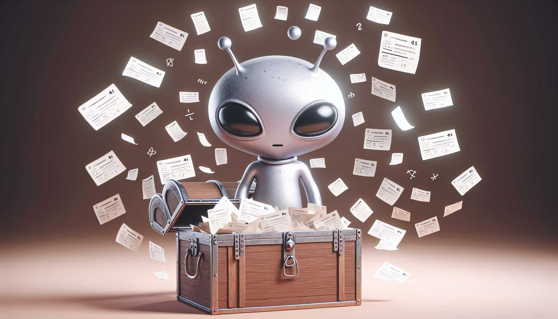 Snoo, the Reddit mascot, standing with a treasure chest overflowing with user comments and AI algorithms swirling around