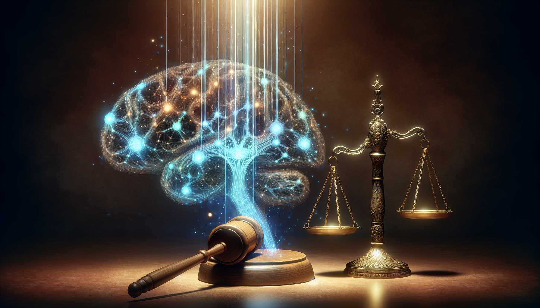 A gavel and legal scales entangled with AI neural networks representing regulation