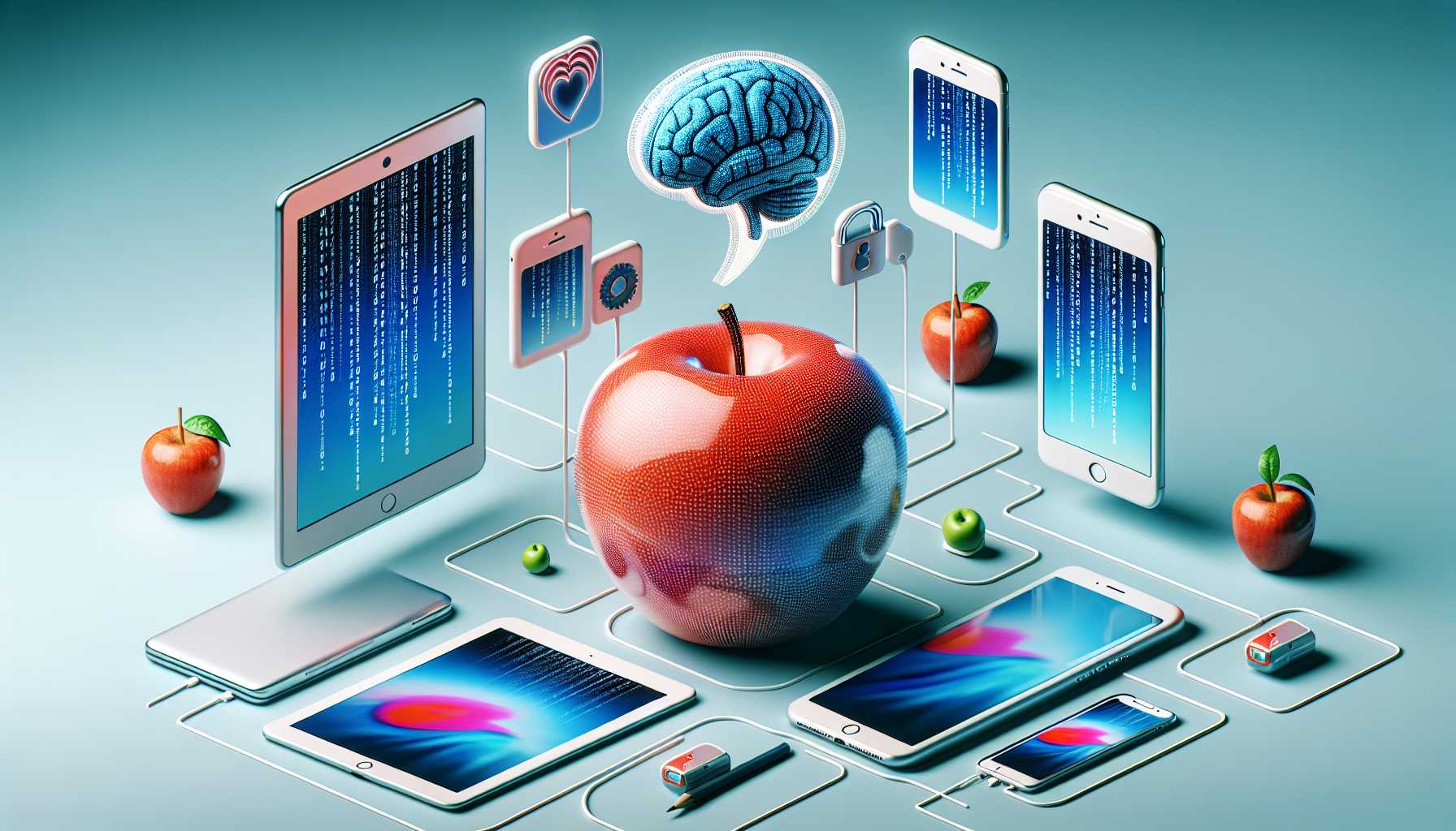 An Apple with a brain, representing AI, surrounded by other Apple devices with speech bubbles of binary code