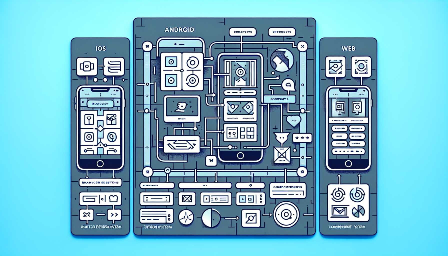 organigram showing unified design system components across iOS, Android, and Web platforms for a tech product