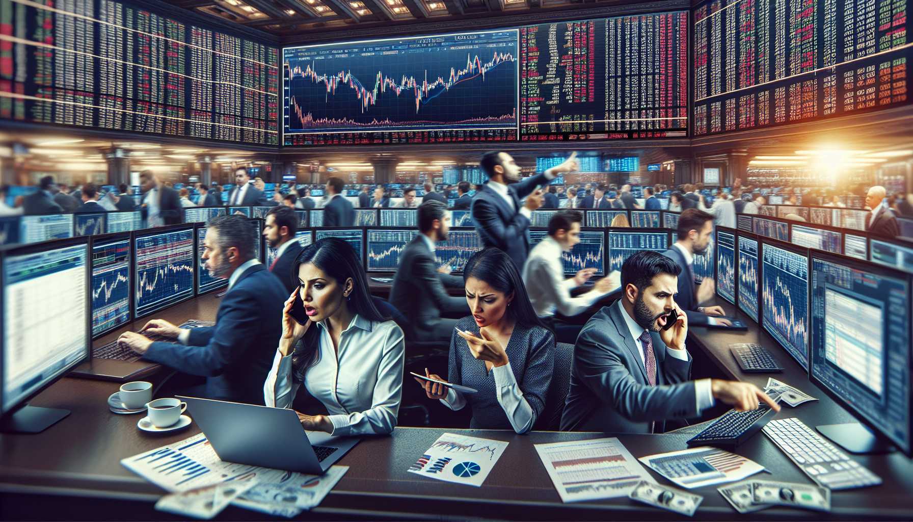 a bustling stock market trading floor with traders and large digital screens